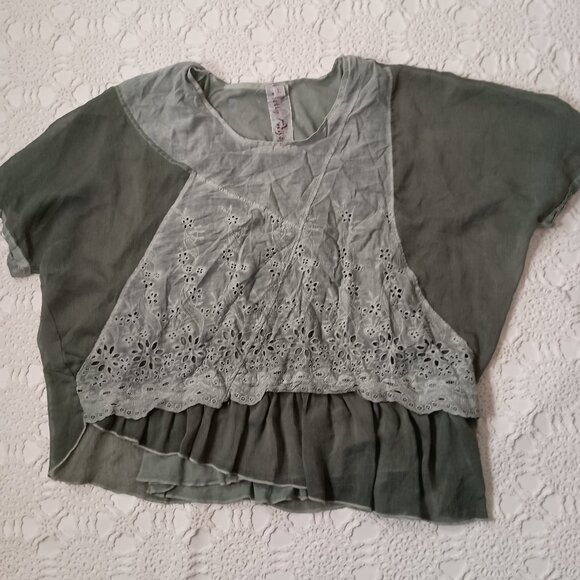 Pretty Angel Shirt Top Blouse Green Layered Knit Eyelet Ruffle Large Women L - Picture 1 of 9